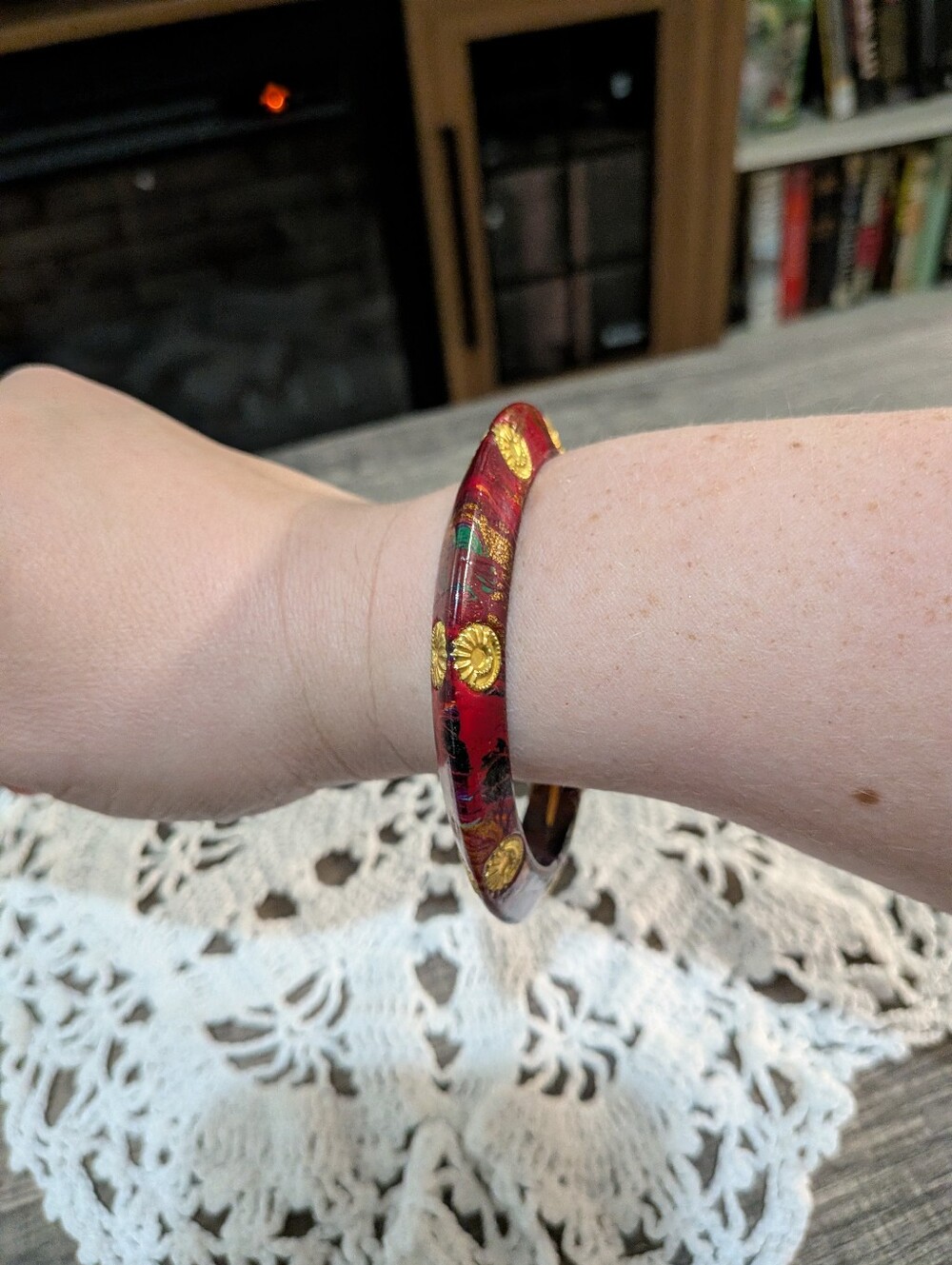 Red Gold-Accent Wood Bangle Bracelet